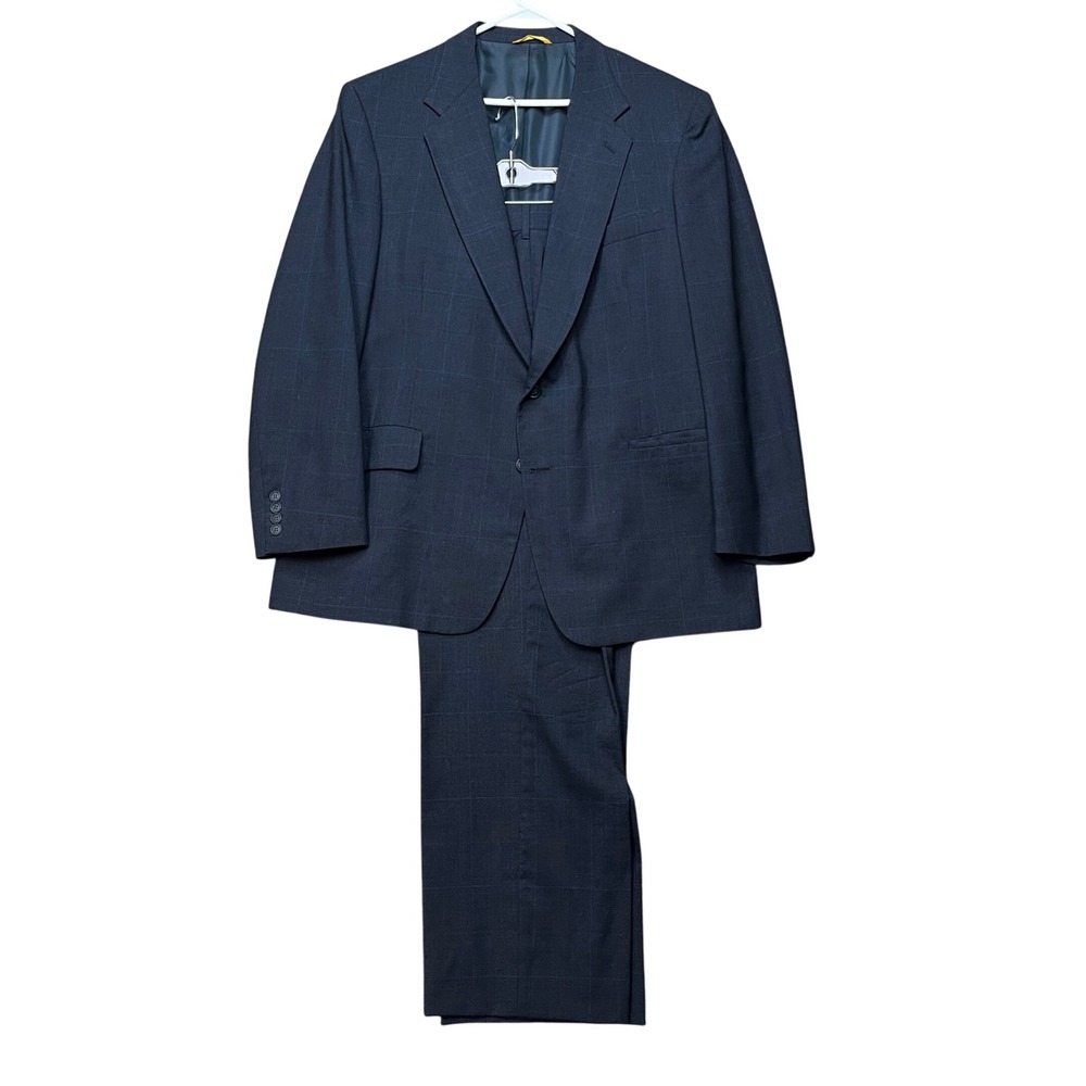 VTG Kuppenheimer Suit Men 46R 40x30 Navy Blue Windowpane Wool 2-Piece USA Made
